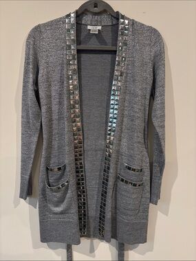Cache Vintage Silver Metallic Open-Front Cardigan with Studded Trim